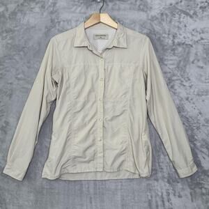 ExOfficio Shirt Womens Small Beige Long Sleeve Nylon Blend Hiking Travel Pockets
